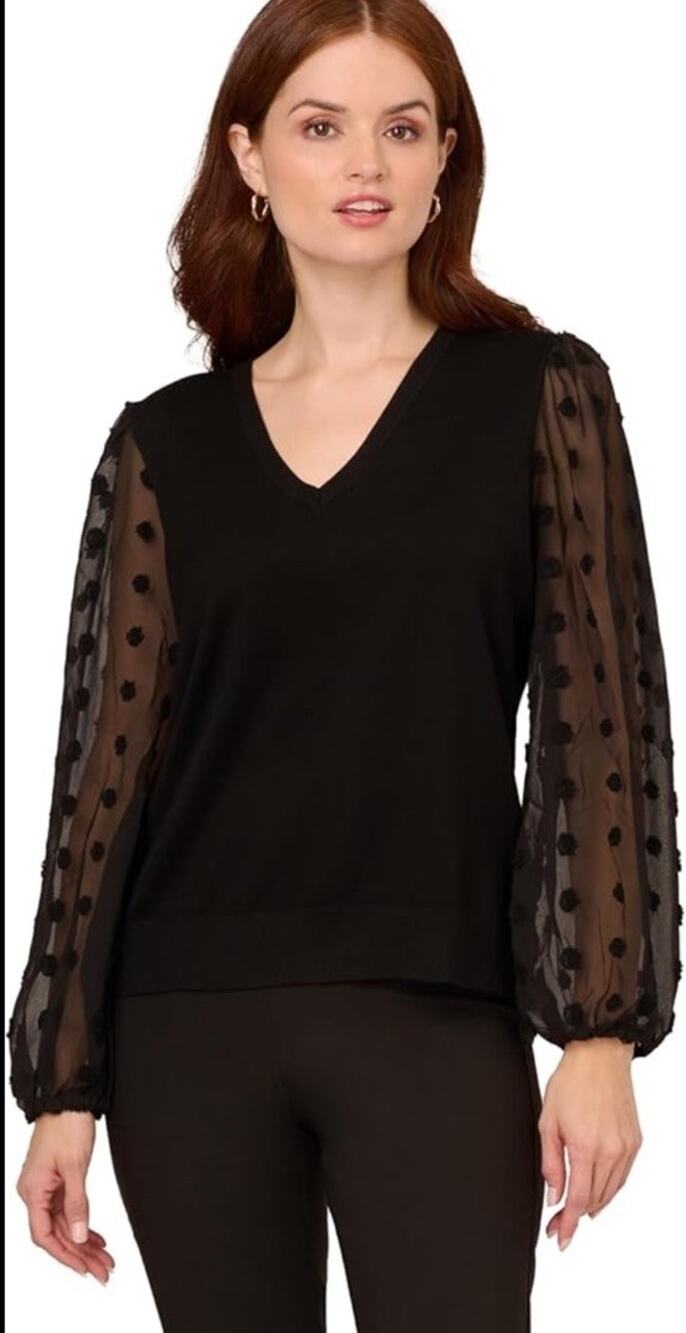 Adrianna Papell Plus 1X Top Black Bubble Swiss Dot Sleeve V Neck